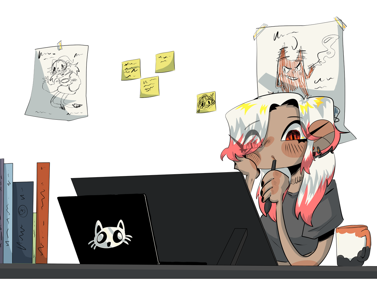 Maru dibujando en su escritorio